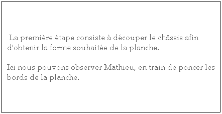 Zone de Texte: &nbsp;La premi�re �tape consiste � d�couper le ch�ssis afin d'obtenir la forme souhait�e de la planche. 
Ici nous pouvons observer Mathieu, en train de poncer les bords de la planche.
